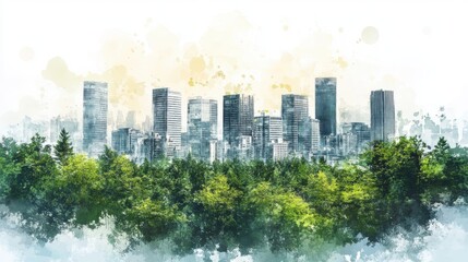 Obraz premium Serene Cityscape Watercolor Painting Green Trees and Modern Skyscrapers