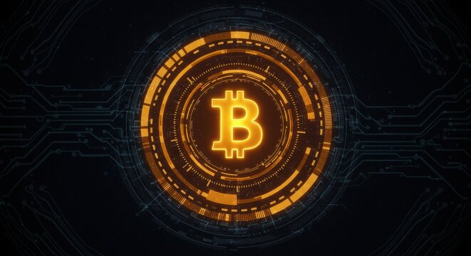Central Glowing Bitcoin Symbol on a Dark Background with Futuristic HUD Interface Rings. Concept of Digital Currency, Blockchain Technology, and Cryptocurrency Investment. - Powered by Adobe