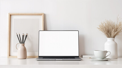 Fototapeta premium Cropped shot of modern workspace with blank screen laptop, frame, pencils, coffee cup and vase on white table with white wall background 