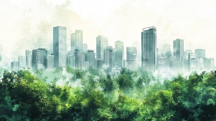 Obraz premium Serene Cityscape Watercolor Painting Lush Green Foliage and Urban Harmony