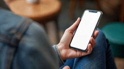 Close-up image of a woman in jeans relaxes sitting in the cafe and using her smartphone. smartphone white screen mockup for display your graphic banner.