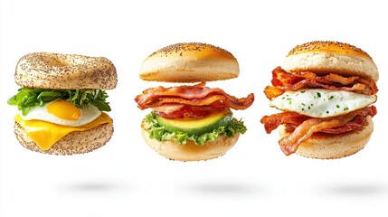 Three breakfast sandwiches a bagel with egg, cheese, and greens; a bun with bacon, avocado, and lettuce; and a bun with bacon and egg.  All are in mid-air against a white background