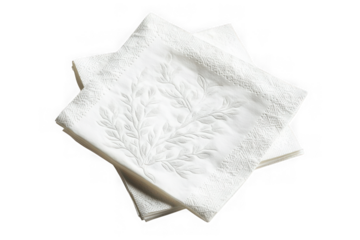 Elegant white napkins stacked with floral pattern design, table linen, kitchen cloth, paper napkin, isolated on transparent background