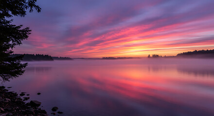 Serene Misty Lake Sunrise Vibrant Pink and Orange Sky Reflection