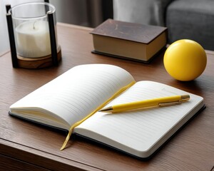 Naklejka premium Open notebook with a yellow pen, a yellow ball, a candle, and a closed book on a wooden desk, creating a cozy and organized workspace.