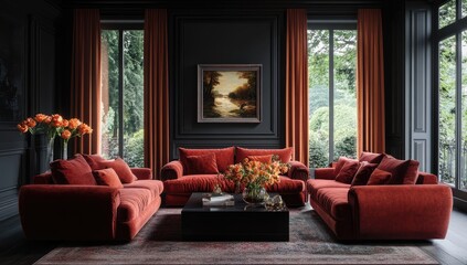 Fototapeta premium A dark living room with red velvet couches, black walls, wall art, a rug, plants, a large window on the right side of the frame, warm lighting, and a large coffee table in the center of the room.