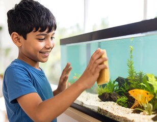 Fototapeta na wymiar Smiling boy cleaning a home aquarium