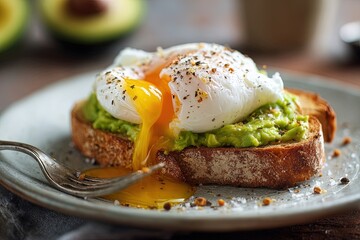 Poached egg with creamy avocado spread on toasted sourdough bread
