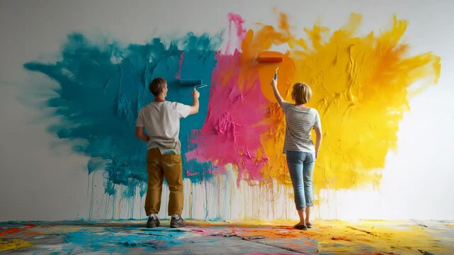 Couple painting wall with bold colorful strokes, home makeover with vibrant creativity and shared joy