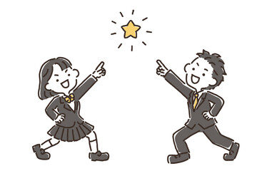 腰に手を当てて星を指差している女子生徒と男子生徒