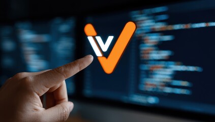 Finger points at graphic logo on computer screen with code
