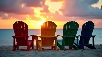 Colorful Beach Chairs Await the Dawn on a Serene Shoreline Bathed in the Golden Glow of a New Day a Picturesque Coastal Escape