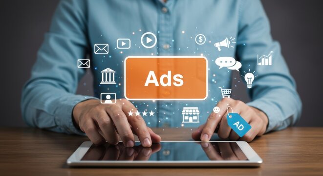 Digital Advertising Concept &ndash; Man Using Tablet with Online Ads and Marketing Icons