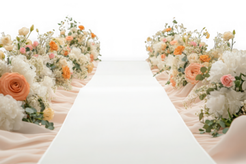 Elegant wedding aisle with white carpet and floral arrangements roses and peonies decoration isolated on transparent background