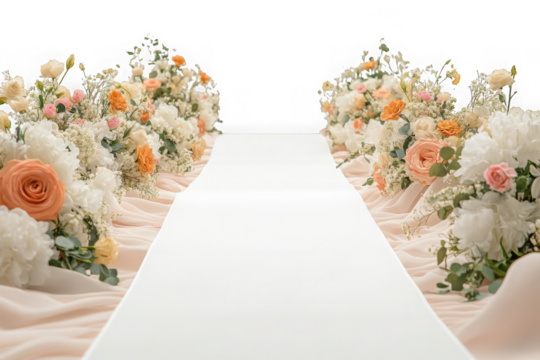 Elegant wedding aisle with white carpet and floral arrangements roses and peonies decoration isolated on transparent background