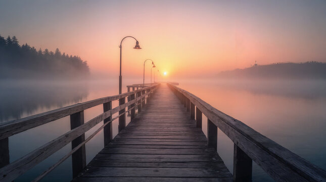 Long pier leading out onto the lake, sunrise on lake, long way out with fog
