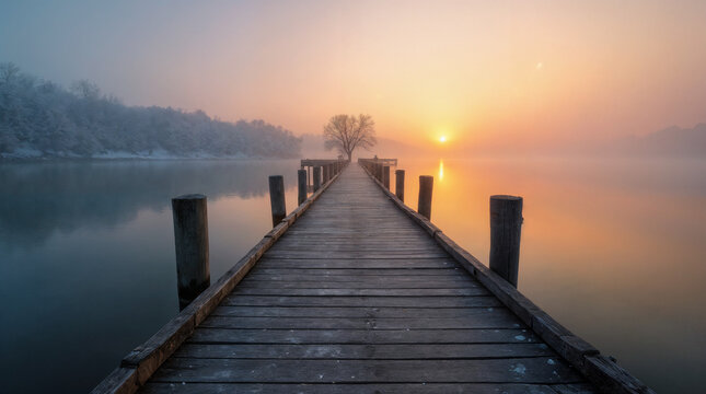 Long pier leading out onto the lake, sunrise on lake, long way out with fog - Powered by Adobe