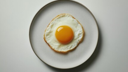 Fried egg with a runny yolk and neatly trimmed edges arranged alone on a minimal plate on white surface