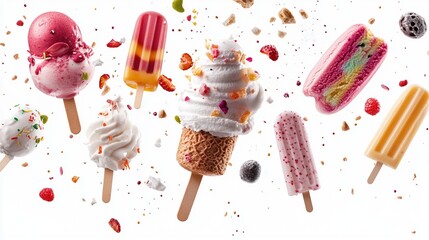 A vibrant array of frozen desserts?popsicles, ice cream cones, and macarons?float against a stark white background, adorned with colorful sprinkles and