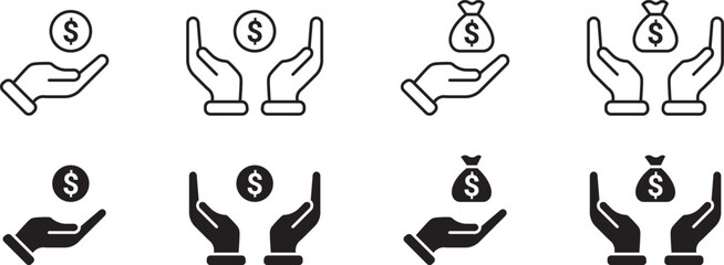 Money in hand icons set. Save money sign. Cash, loan, coin, dollar, saving, budget, earning money, revenue symbol. Hands holding dollar coin flat and line style - stock vector illustration . 