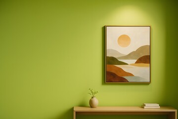 Modern Wall Art Display with Framed Landscape on Green Accent Wall