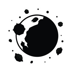 Stylized black and white vector illustration depicting a planet and asteroids in space