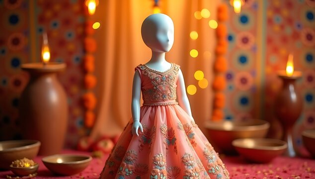 Kids lehenga choli set in pink and gold with floral embroidery displayed on child-sized mannequin in festive background
