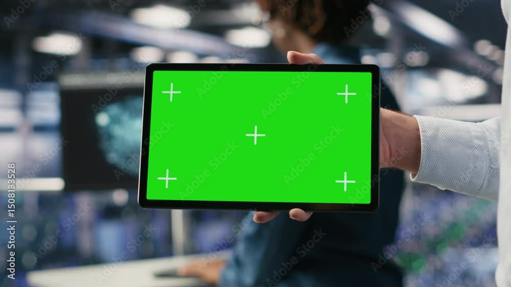 Poster close up of server room worker using isolated screen device next to colleague reviewing ai llm visua