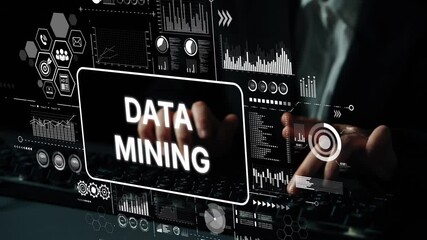 Hands Typing on Keyboard with Data Mining Graphics and Analytics Visuals Displayed on Screen in Dark Environment. Asymptotic smart data analytic. - Powered by Adobe