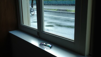 Raindrops on a window with children's glasses on the sill. Blurred street with puddles and a parked bicycle. Soft daylight. Ideal for nostalgic or seasonal themes