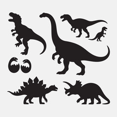 Silhouette collection of various dinosaurs and dinosaur eggs against a neutral background