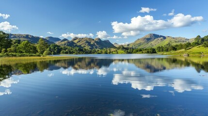 Fototapeta premium A serene lake with a mountain range in the background, reflecting the sky and clouds.