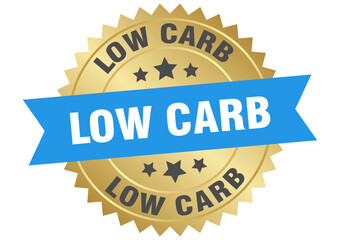 low carb. low carb round blue and gold label isolated on transparent background