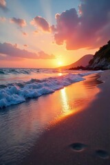 Serene beach scene at sunset, calm ocean waves lapping gently on the shore, peaceful sky, perfect for relaxation and stress relief , stillness, meditation, unwind