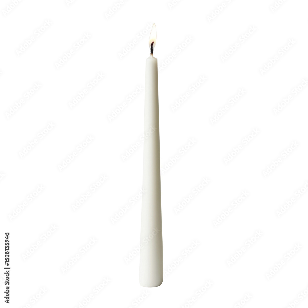 Poster tall white candle with flickering flame, perfect for creating warm and inviting atmosphere. ideal fo