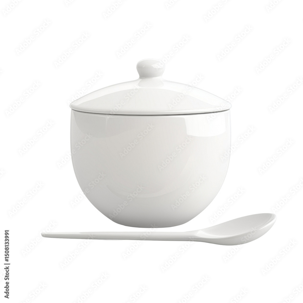 Poster white ceramic bowl with lid and matching spoon, perfect for serving soups or sauces. Its elegant design adds touch of sophistication to any dining table