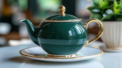 Elegant and Luxurious: Exquisite Tea Set of Dark Green Gilded Teapot and Saucer