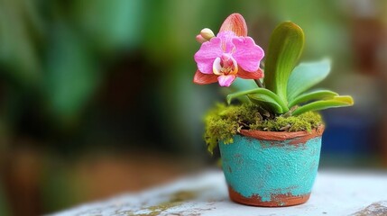 Mini orchid pot with blooming flower and moss topping placed on white