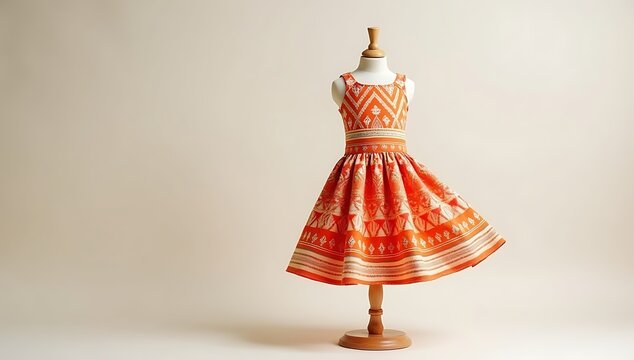 Ethnic skirt and top set with ikat print in orange and white, styled on standing mannequin for Indian kidswear
