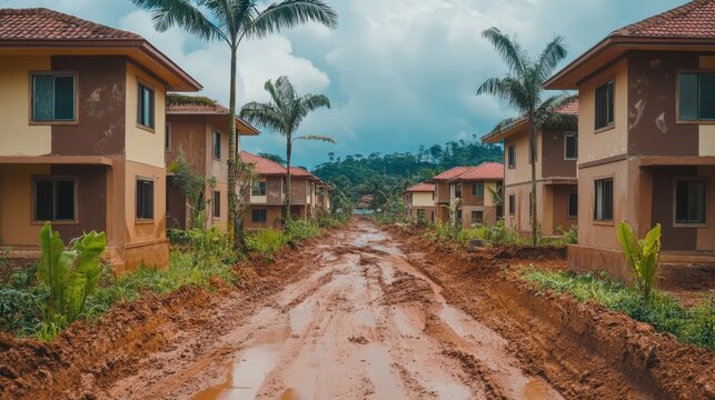 Muddy road leading through a silent, incomplete housing development