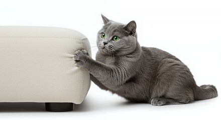 Grey British Shorthair Cat Scratching Cream Sofa Isolated on White Background