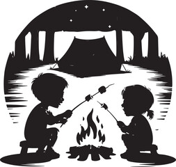 Children roasting marshmallows around a campfire under the night sky Vector silhouette