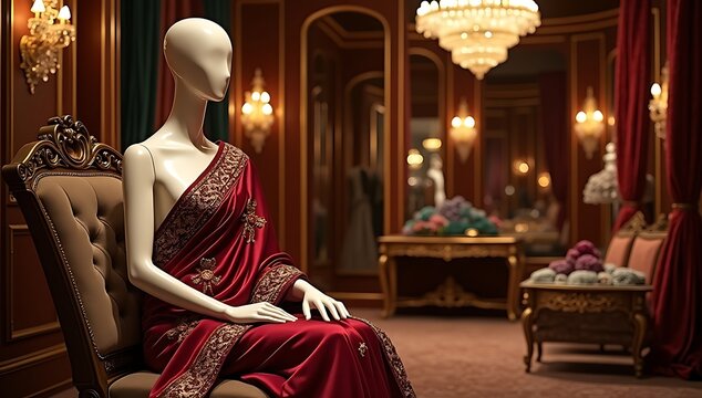 Heavy embroidered maroon saree with gold zari work on seated mannequin in luxury boutique setup

