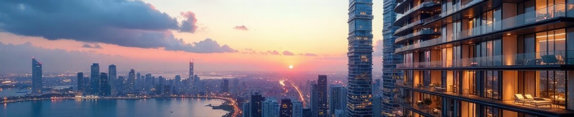 Fototapeta premium Luxury high-rise condo building with modern architecture and stunning city views Perfect for real estate, architecture, and development marketing , construction, horizon, luxury