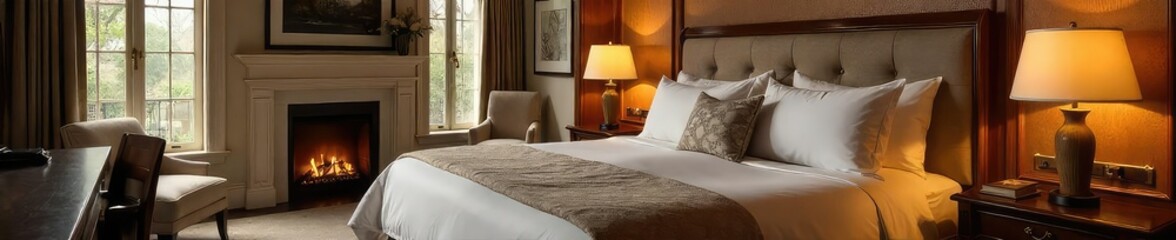 Luxurious motel room with plush bedding, fireplace, and modern amenities  Enjoy the elegant ambiance and upscale comfort  Perfect for a relaxing getaway , bedroom, artwork