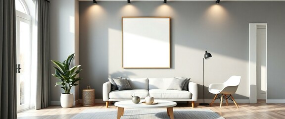 Modern living room with blank canvas and natural light