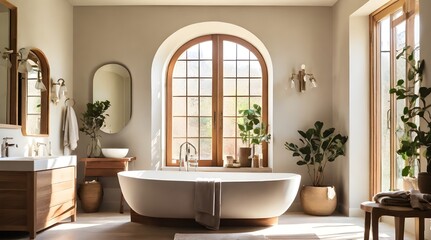 Sunlit bathroom with freestanding tub woven basket wooden stool.generative.ai