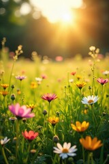 Fototapeta premium Golden sunlight bathes a vibrant meadow in summer, wildflowers swaying gently in a warm breeze Perfect for nature, summer, and idyllic scene projects , blossom, countryside