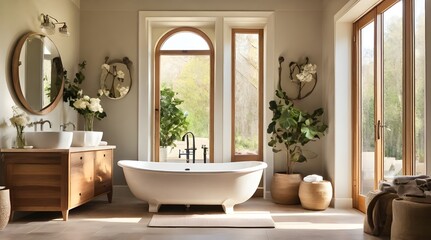 Sunlit bathroom with freestanding tub woven basket wooden stool.generative.ai
