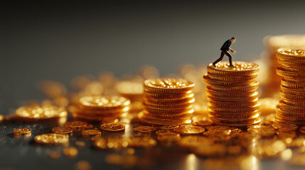 miniature businessman climbs stacks of gold coins